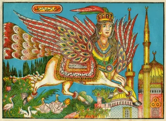 Al-Bourak (Al Bourak) (Buraq, Bouraq, Burak), gevleugeld paard met een vrouwenhoofd en pauwenstaart, waarop Mohammed, geleid door de aartsengel Gabriël, 