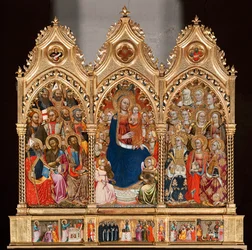 Predella met het leven van Sint Bartholomeus, van Maagd en kind omringd door engelen en heiligen (olieverf op paneel)