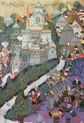 Slag bij Nicopolis, 25-28 september 1396, facsimile van een miniatuur bewaard in het Topkapi Museum in Istanbul