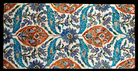 Acht samengestelde Iznik polychrome vierkante tegels, ca. 1575