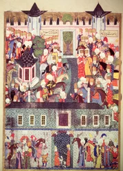 H 1517, fol. 17v, troonsbestijging van Süleyman de Prachtlievende (1494-1566), uit de 