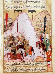 De Profeet Mohammed (570-632) (gezicht bedekt) tijdens het beleg van Mekka Turkse Miniatuur uit de 18e eeuw Topkapi Paleis Istanboel Turkije
