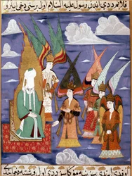 De profeet Mohammed (570-632) (gezicht bedekt) tijdens zijn nachtelijke reis. 18e-eeuwse Perzische miniatuur. Musee Topkapi, Istanbul, Turkije