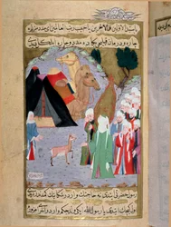 De profeet Mohammed (570-632) luistert naar het gehuil van een hinde. Miniatuur uit een Turks manuscript geschreven door Erzeni, geïllustreerd door Seyyid Suleiman Pasha, over het leven van Mohammed. 18e eeuw. Istanbul, Turks-Islamitisch Kunstmuseum