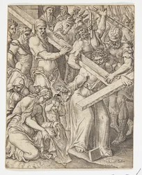 Christus draagt het kruis en het wonder van Veronica
