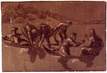 Wonderbaarlijke visvangst. Tekening door Ugo da Carpi.