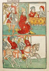 Vergoeding van de burggraaf van Nuernberg, Friedrich von Hohenzollern, met de maarten Brandenburg door keizer Sigismund ...