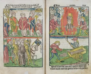 Jan Hus verbrand op de brandstapel tijdens het Concilie van Konstanz, uit 