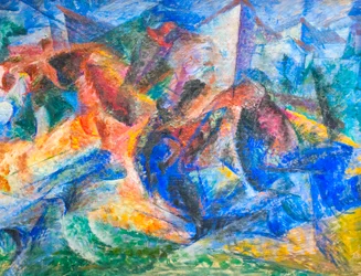 Paard, ruiter en gebouwen