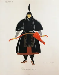 Kostuum voor de zwarte wachters uit Turandot van Giacomo Puccini, schets van Umberto Brunelleschi (1879-1949) voor de eerste uitvoering van de opera in het Teatro alla Scala in Milaan, 25 april