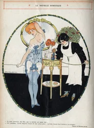 De nieuwe dienstmeid: - Ik waarschuw je, mijn dochter, dat de dienst vrij zwaar is... - Oh! mevrouw, ik zal altijd minder moeite hebben dan op het platteland... Daar had ik acht koeien om voor te zorgen!. Een dienstmeid gebruikt een parfumspuit om een vrou