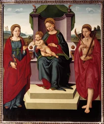 Madonna op troon tussen St. Magdalena en Sebastiaan