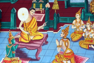 20151029, Vientiane, Laos: Wat Inpeng boeddhistische tempel. Schilderij dat het levensverhaal van Shakyamuni Boeddha uitbeeldt