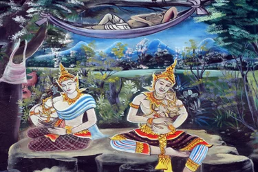 20151029, Vientiane, Laos: Wat Inpeng boeddhistische tempel. Schilderij dat het levensverhaal van Shakyamuni Boeddha uitbeeldt