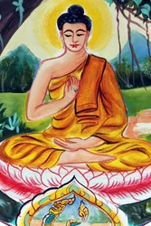 20151029, Vientiane, Laos: boeddhistische tempel Wat Inpeng. Schildering van het levensverhaal van Shakyamuni Boeddha. De onderwijzende Boeddha verbeeldt een bepaald moment in het leven van de Boeddha, namelijk de eerste preek die de Boeddha hield nadat
