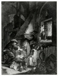 De chemicus aan het werk, een gravure die een alchemist aan het werk toont
