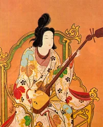 Een meisje dat een shamisen speelt, tweede helft van de 17e eeuw
