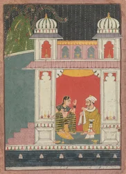 Een heldin en haar minnaar in een paviljoen: Blad uit een verspreide Nayikabheda, ca. 1660-80