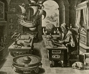 Een navigatie-expert aan het werk in zijn studeerkamer met globe en kompas, c1591, 1928