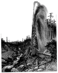 Een oliebron in de Pennsylvanische olievelden, VS, 1886