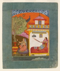 Een dame die bladeren plukt, illustratie van de muzikale modus Gunakali Ragini