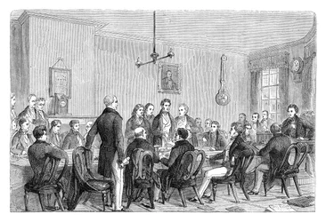 Een bijeenkomst van de Anti-Corn Law League in Newalls Building, Manchester, 1838