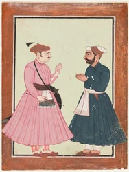Een edelman, waarschijnlijk Raja Gaur Sen, ontvangt een andere edelman, c. 1700-20