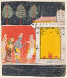 Een pagina uit een Ramayana: Een nachtscène van Rama, Lakshman en Sita voor de rishi..., ca. 1650