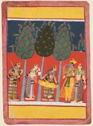 Een pagina uit een Rasikapriya-serie: Krishna en Radha en de Sakhis met muziekinstrumenten, ca. 1650