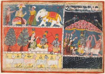 Een pagina uit de Bhagavata Purana: Indra stuurt een stortvloed van regen, Krishna heft de berg Govardhana op