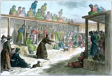 Een professionele verhalenverteller in Kashgar, Xinjiang, China, ca. 1875