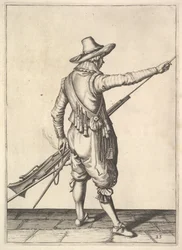Een soldaat die de laadstok uit de houder trekt, uit de serie Musketiers, plaat 25, in Wap...
