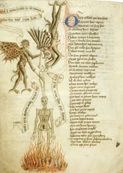 Een ziel uit zijn lijk getrokken door een demon. Uit De Schaal van Volmaaktheid door Walter Hilton, ca. 1460