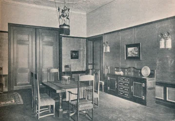 Een uitzicht op een eetkamer in een Berlijns appartement, ontworpen door M. H. Baillie Scott, ca. 1909
