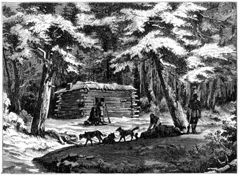 Een winterhut in het Saskatchewan-gebied, Canada, 1877