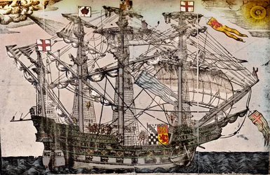Een houtsnede van een schip dat vermoedelijk de Ark Royal is, ca. 1587