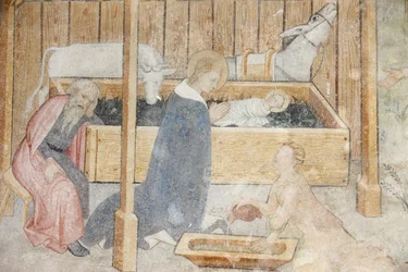 Abdijkerk van Abondance fresco: kerststal, Abondance, Frankrijk
