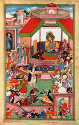 Abul-Fazl ibn Mubarak presenteert de Akbarnama aan Akbar