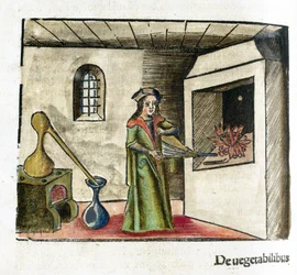 Alchemie 16e eeuw: een alchemist aan het werk, een blaasbalg activerend voor de schoorsteen van zijn atelier, achter hem een kachel en een alambiek