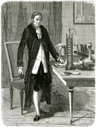 Alessandro Volta, Italiaanse natuurkundige, demonstreert zijn elektrische stapelbatterij, ca 1800 ca 1870