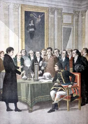 Alessandro Volta, demonstreert zijn stapel batterij aan Napoleon, ca. 1800 1901