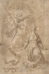 Een engel verschijnt aan Sint Catharina van Alexandrië in de gevangenis recto, Volute verso, 17e eeuw