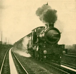 Een locomotief van de Star Class die water oppikt op snelheid, Goring, Great Western Railway, 1930