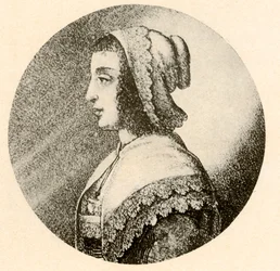 Een Engelse vrouw in een kap en sjaal afgezet met Vandyke-kant, 1640, 1937