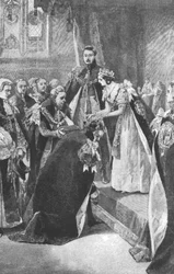 Een investituur van de Orde van de Kousenband door Koningin Victoria, ca. 1830s, 1901