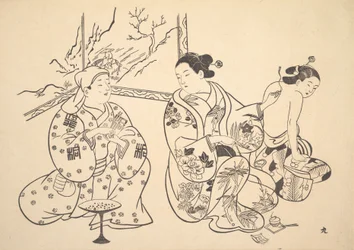 Een Oiran zittend in een salon past de vuurbehandeling toe op de ontblote rug van een andere vrouw