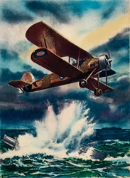 Een artistieke impressie van een Fairey Swordfish die een U-boot tot zinken brengt in de Noordzee, 1940