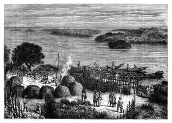 Een kampement aan de rivier de Congo, Afrika, c1890