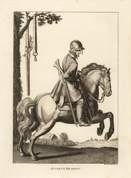 Oude dragonder te paard met helm, musket en kruithoorn