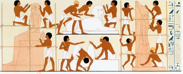 Oude Egyptische beeldhouwers aan het werk aan beelden